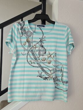 Karen Scott Aqua and White Striped Nautical Tee